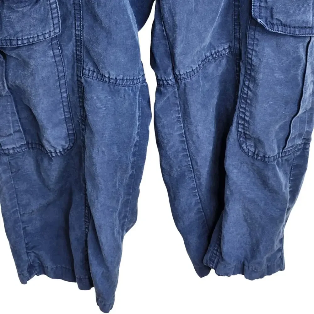 Zara Cropped Cargo Pants Womens Size Small Blue Lyocell Linen‎ Blend Altered Hem